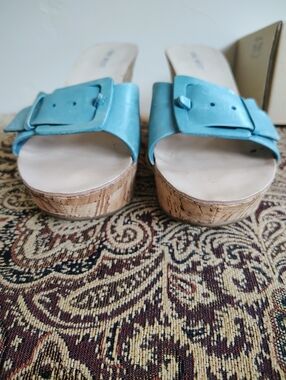 Nine West Blue Leather Buckle Slip On Wedge Slide Sandals Women's Size 7M